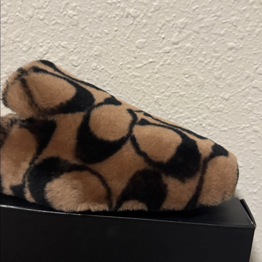 Coach Brown and Black Logo Fuzzy Slip-On Mules - Picture 4 of 7